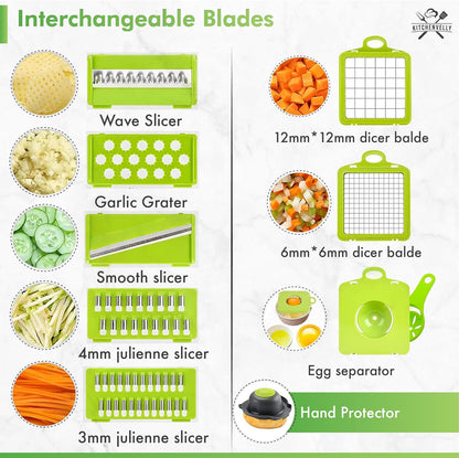 Skiennix Vegetable Chopper - 16-in-1 Food Dicer with 8 Stainless Steel Blades | Easy Meal Prep Tool in Green