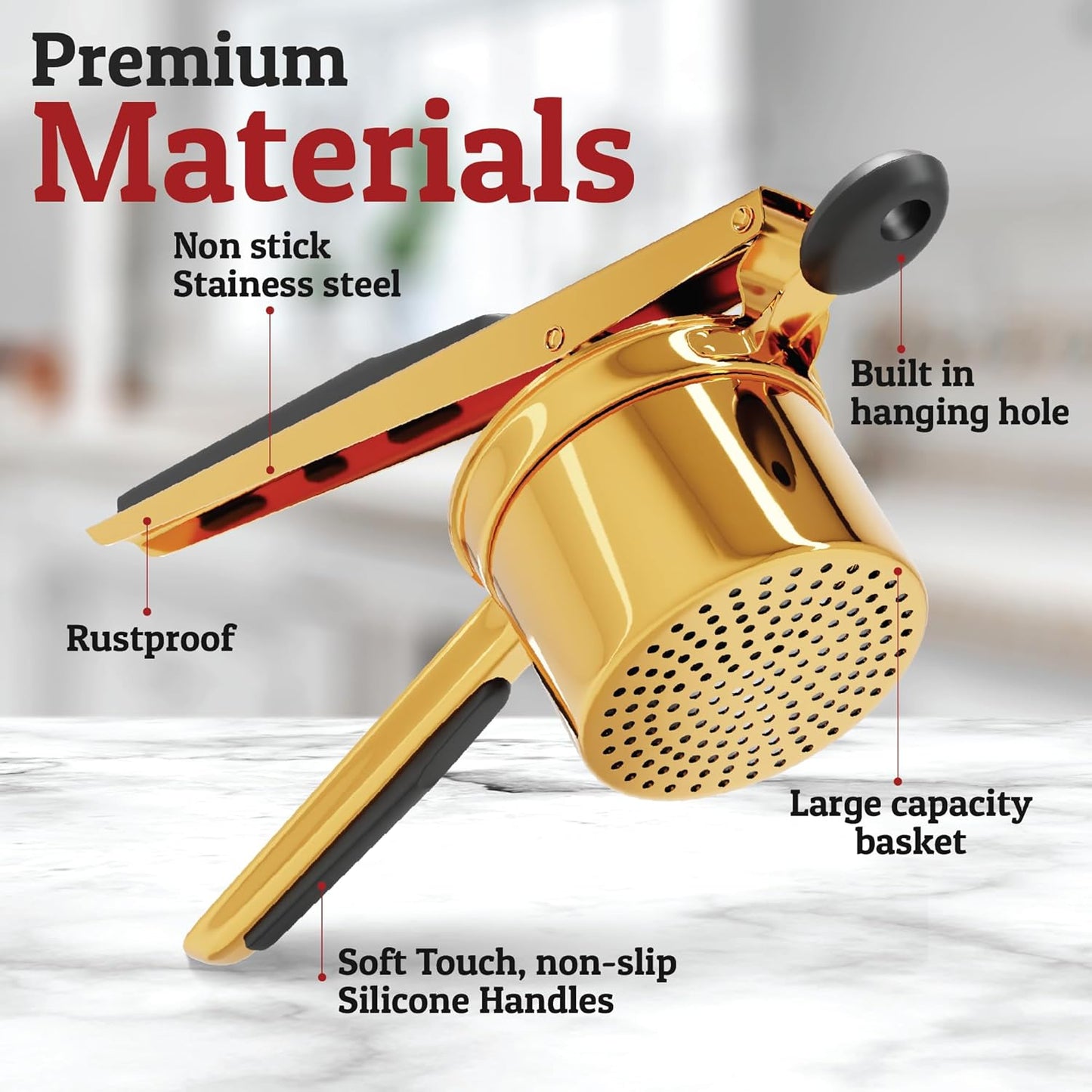PriorityChef 15oz Heavy Duty Potato Ricer - Stainless Steel Masher with 3 Discs | Gold & Black Silicone