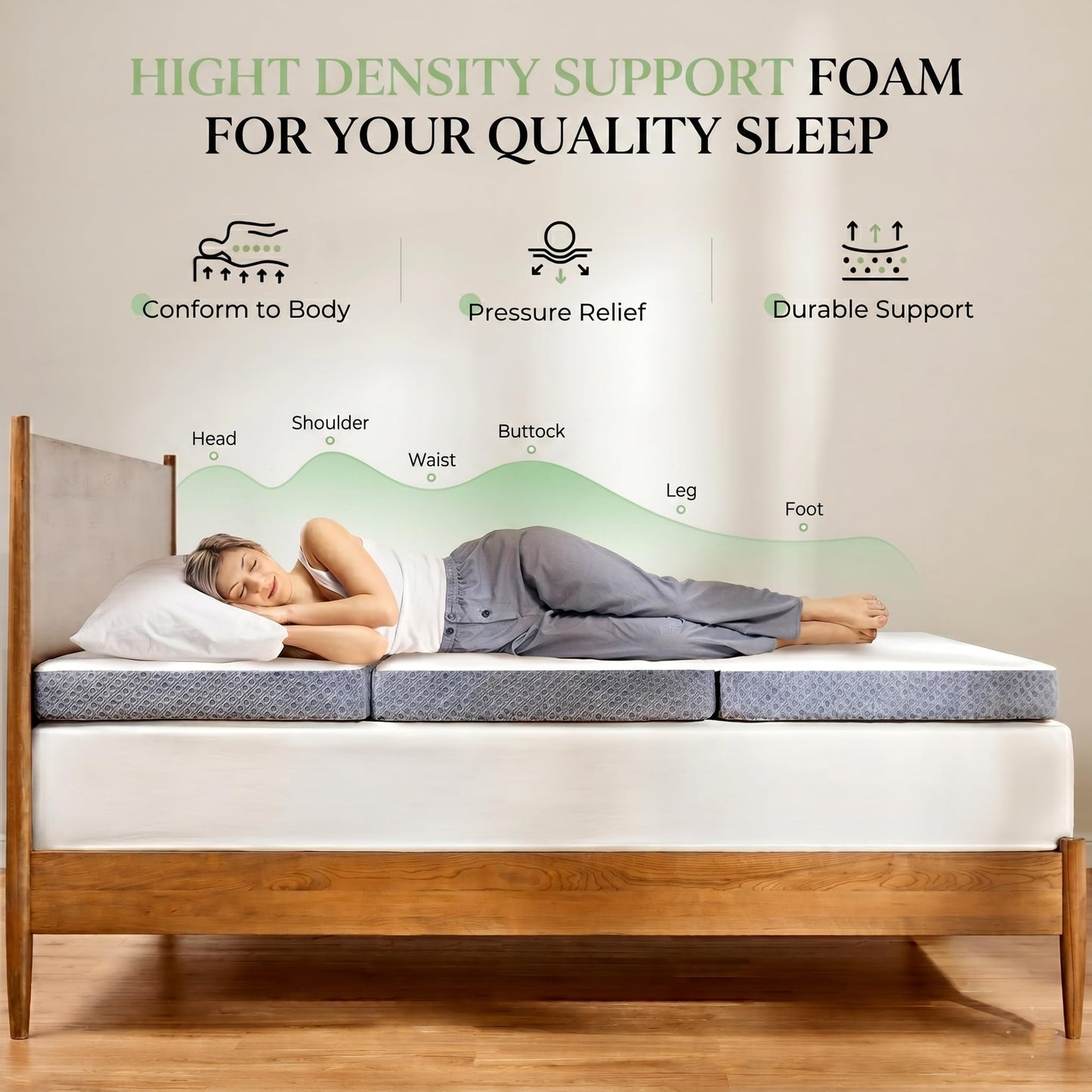 Sweetnight Full Tri-Folding Mattress Topper - 4 inch Medium Firm Portable Foldable Mattress with Washable Cover & Non-Slip Base - Ideal for Camping, RV, and Guests,White