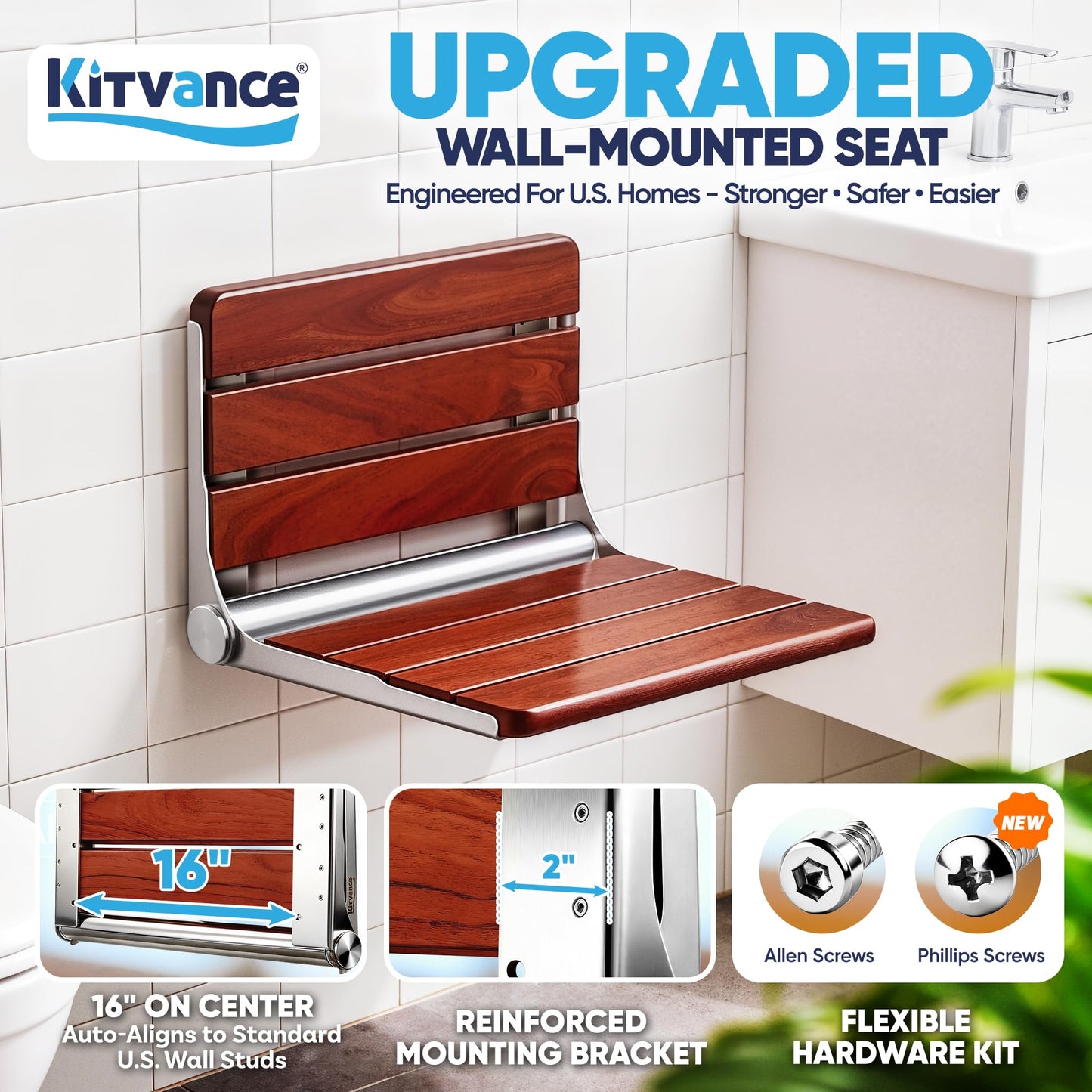 [Upgraded Version] 18" ADA Compliant Folding Teak Shower Seat Wall Mounted-Folding Shower Bench, Folding Shower Seat for Inside Shower, Teak Foldable Shower Chair, Fold Down Shower Seat, Max 400lbs