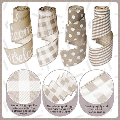 20 Yards Farmhouse Ribbon 4 Rolls Welcome Stripe Dot Buffalo Plaid Wired Ribbon Rustic Polyester for Summer Wreaths Assorted DIY Present Wrapping Floral Bow Craft Deco(Natural)