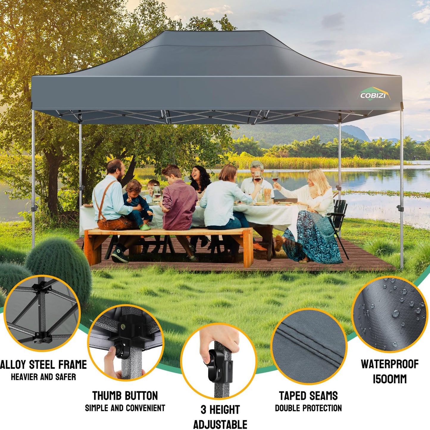 COBIZI 10x15 Heavy Duty Pop Up Canopy Tent with 4 Sidewalls Thicken Frame, Commercial Easy Up Outdoor Wedding Party Tents, All Season Waterproof Windproof with Stakes Sandbags Ropes Bag, Gray
