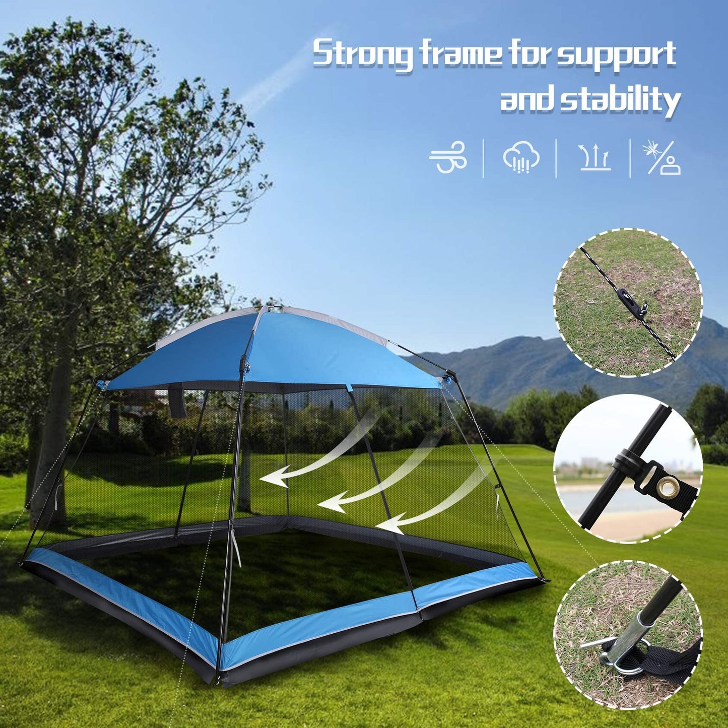 Superrella Screen House 10x10 Ft Square Camping Canopy Tent Sun Shade Gazebo Shelter Perfect for Outdoor Activities, Blue