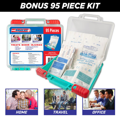 Rapid Care First Aid Kit – 300+ Piece Emergency Medical Kit with Bonus 95-Piece Travel Pack – Outdoor, Workplace, and Home Use – Color Coded & Labeled for Quick Access