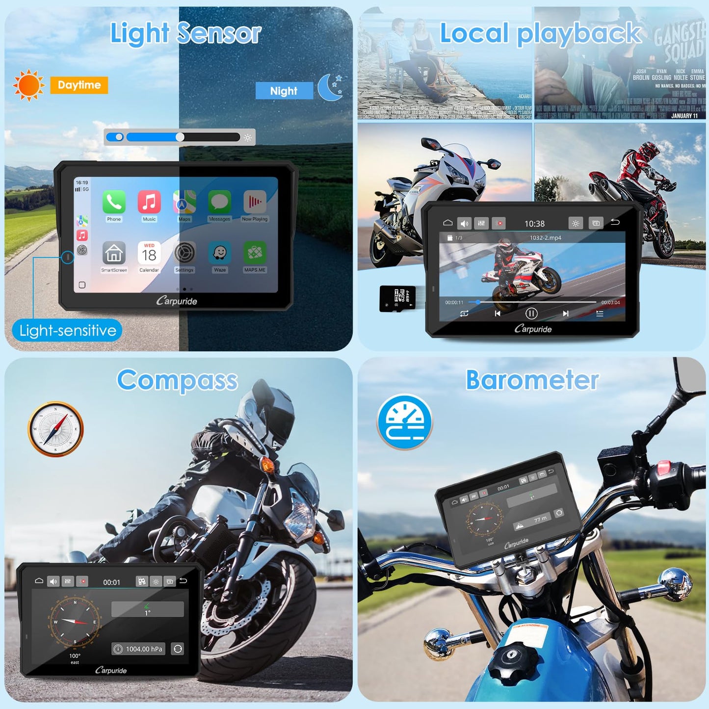 Carpuride W702S PRO Motorcycle GPS Wireless Carplay/Android Auto, 7" Waterproof Motorbike Touch Screen, with BM05 Mount, Bluetooth Trans, Wired Controller, Navigation