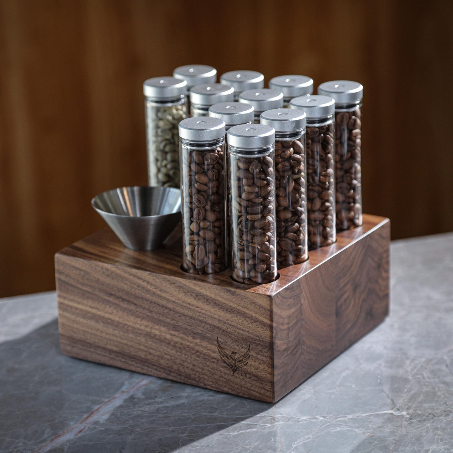 KNODOS Single Dose Coffee Bean Vials and Walnut Dosing Set Espresso Bean Container with Dosing Cup and Espresso Mister