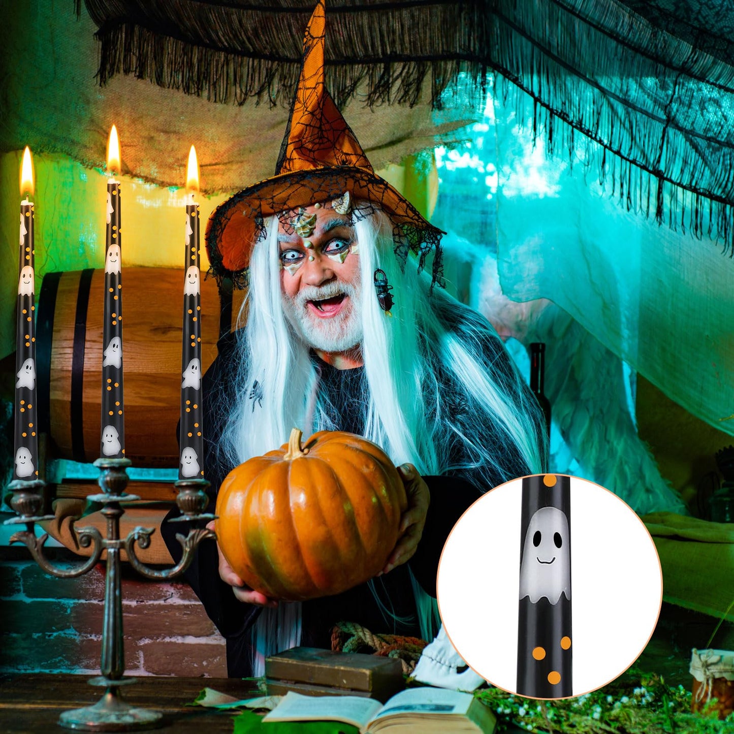 Threlaco 6 Pcs Taper Candles 9.8" Unscented Taper Candles Prints Dinner Table Home Decorations for Thanksgiving Autumn Harvest Festive Halloween Party Gift(Black Halloween Ghost)