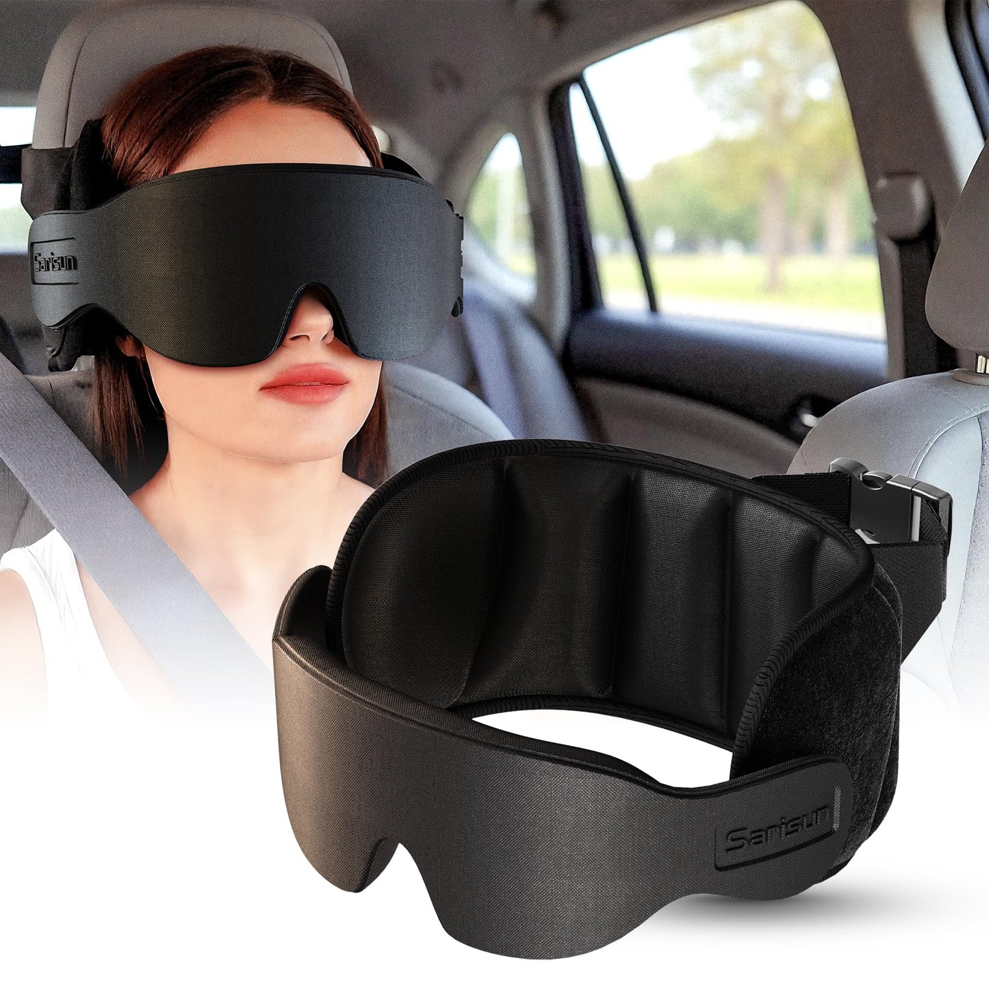 SARISUN Travel Pillow, Car Travel Pillow with 3D Eye Mask for Sleep, 360° Head Support Strap for All Car Seat, Road Trip Essentials, Stop Bobblehead, Black