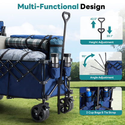 OLIXIS 49" Wagon Cart Collapsible 440lbs Foldable Extra Long Heavy Duty Utility Wagon with Wheels, Portable Storage Grocery Cart for Camping, Shopping, Sports, Beach, Garden, Blue