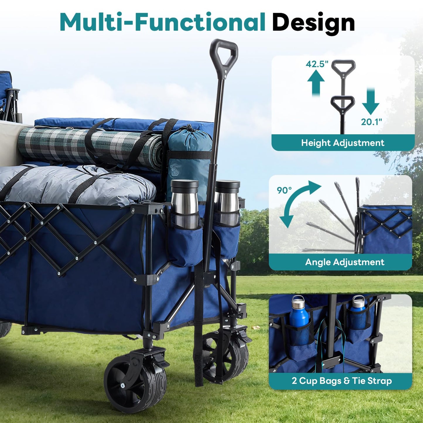 DUMOS 49''L Collapsible Extended Wagon with 440LBS Capacity, Heavy Duty Wagons Garden Cart with All-Terrain Big Wheels & Drink Holders, 250L Foldable Carts for Sports, Shopping, Camping, Blue