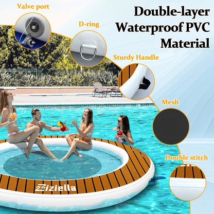 Ziziella Inflatable Water Hammock Floating Dock, 8FT Round Floating Ring for Adults Kids with Anti-Slip Sticker, 6 inch Thick Floating Platform River Floats Dock for Pool Ocean Lake Beach
