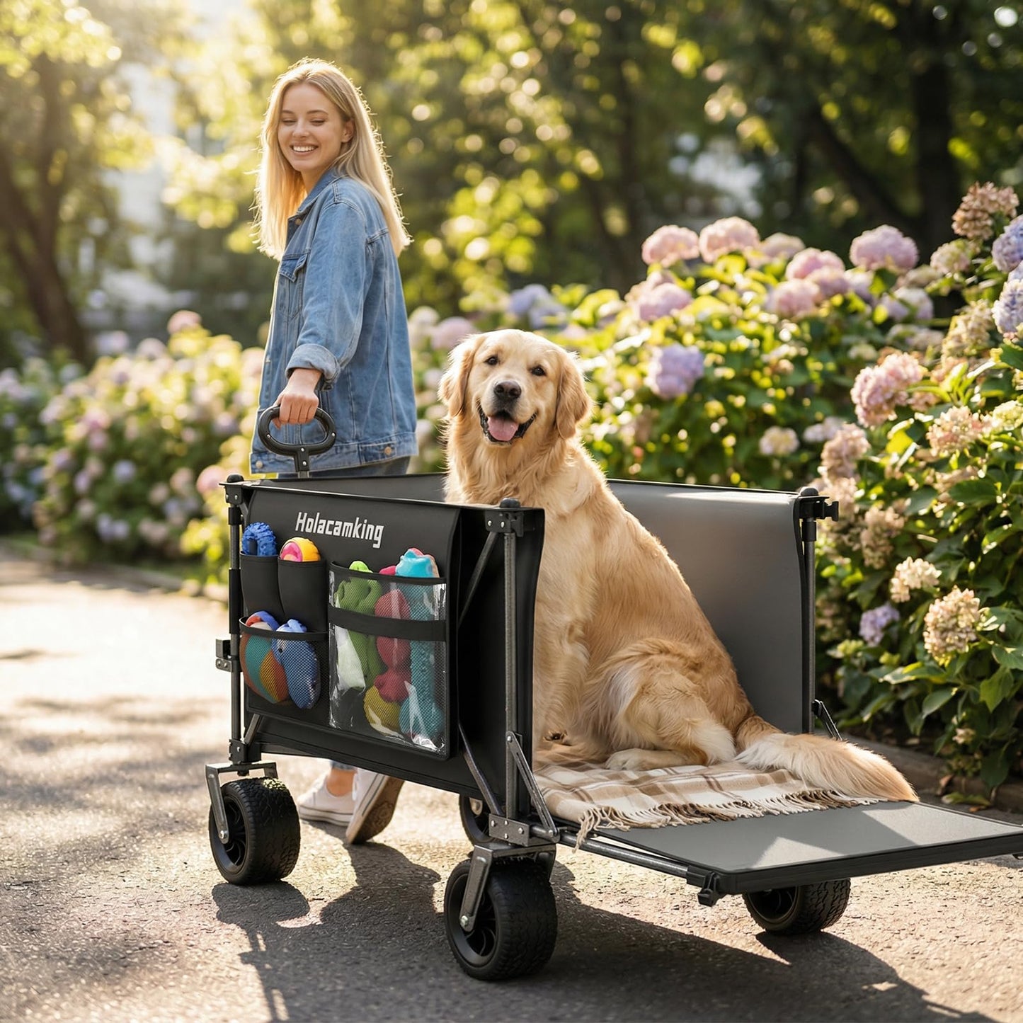 Holacamking 58”L Extender Collapsible Wagon, Extra Long Foldable Wagon Cart with Extended Tailgate, Heavy Duty Rolling Utility Cart with All-Terrain Big Wheels for Shopping Sports Beach, Black