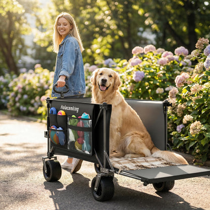 Holacamking 58”L Extender Collapsible Wagon, Extra Long Foldable Wagon Cart with Extended Tailgate, Heavy Duty Rolling Utility Cart with All-Terrain Big Wheels for Shopping Sports Beach, Black