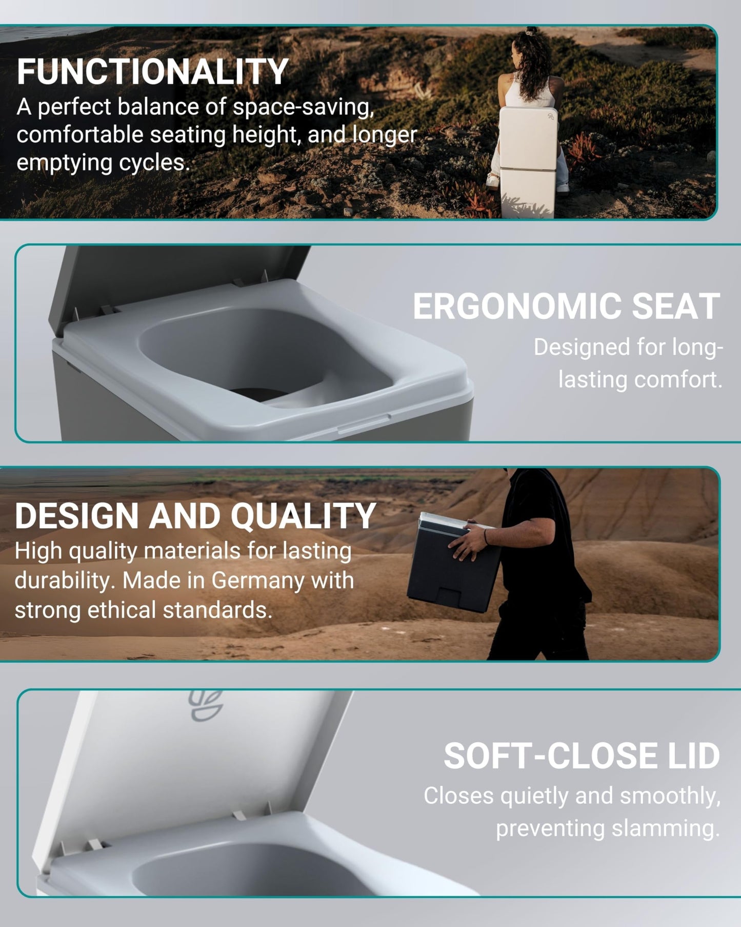 TRELINO Composting Toilet Evo M Gray, Portable Toilet for Camping & Outdoor, Odorless, 1.3 gal & 2.1 gal Capacity, 13 x 15.4 x 14.2 inches