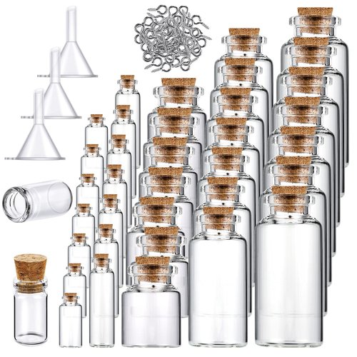 Geiserailie 45 Pcs Mini Glass Bottles with Cork Stoppers Spell Jar Mini Glass Vials Potion Bottles Clear Wishing Jars with 50 Eye Screws 3 Funnels for Party Favors DIY Art Crafts Decoration(Medium)