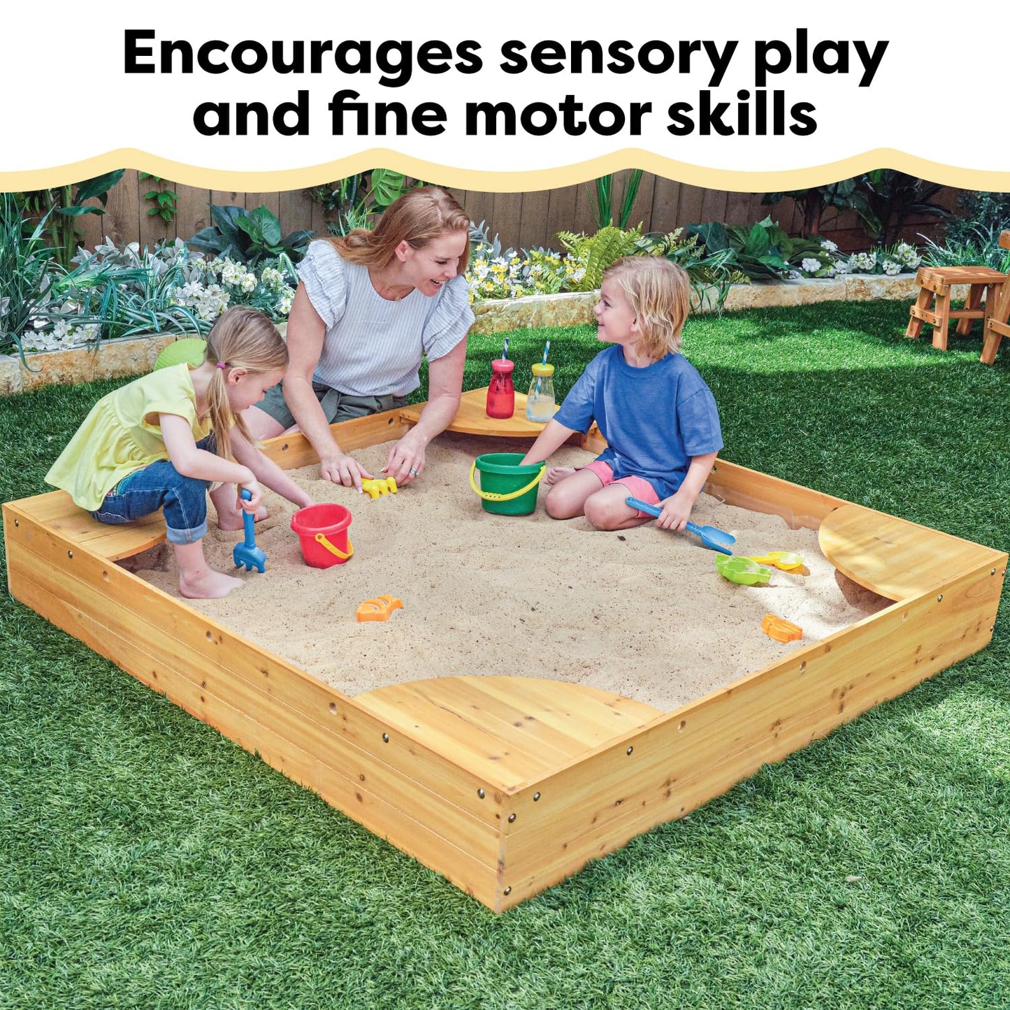 KidKraft Wooden Backyard Sandbox with Built-in Corner Seating and Mesh Cover, Kid's Outdoor Furniture, Honey, Gift for Ages 2-8