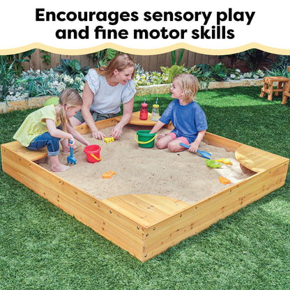 KidKraft Wooden Backyard Sandbox with Built-in Corner Seating and Mesh Cover, Kid's Outdoor Furniture, Honey, Gift for Ages 2-8