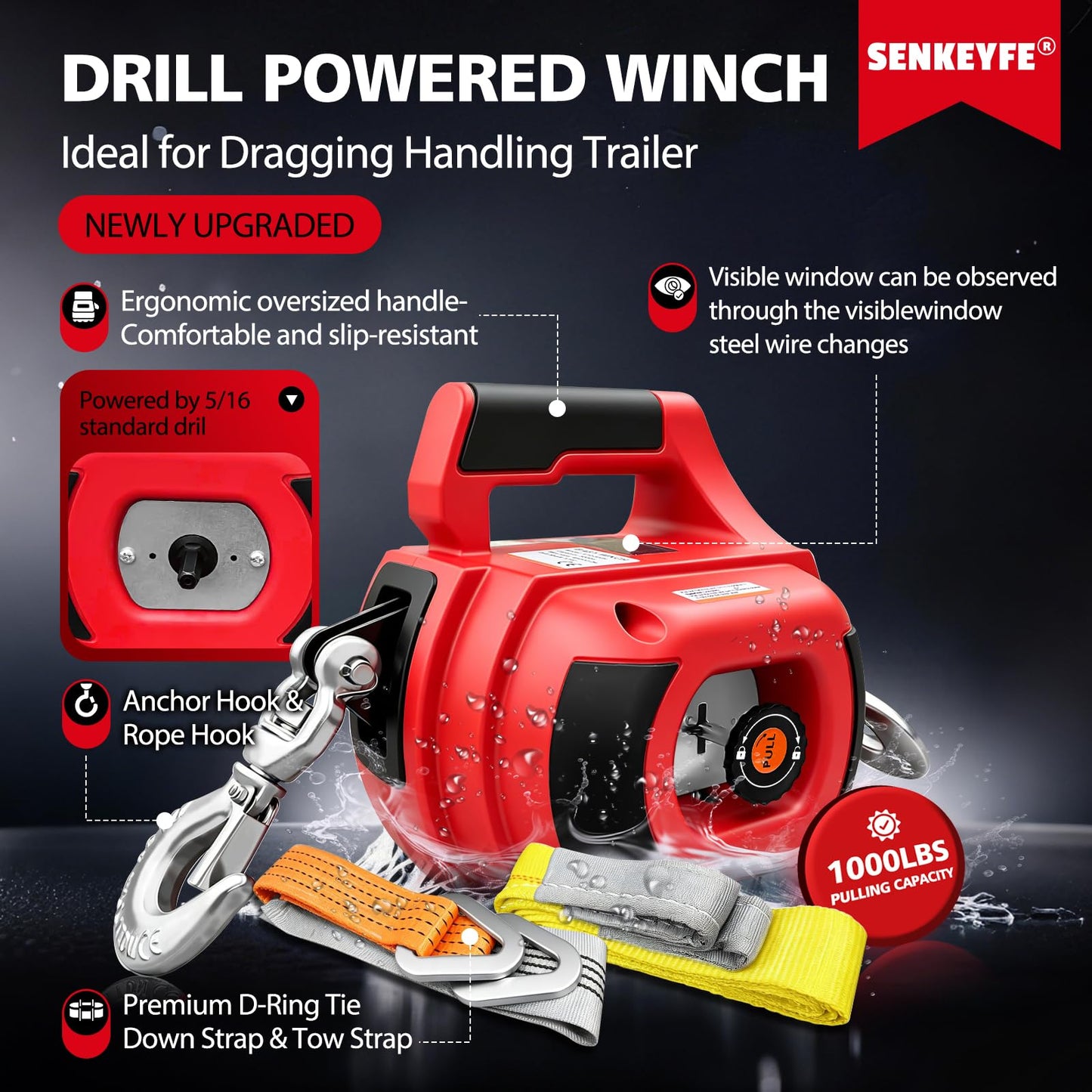 SENKEYFE Drill Powered Portable Winch 1000LBS, 40FT Portable Drill Winch w/D-Ring Strap & Tow Strap, New Anti-Twist Steel Wire Rope, Portable Handheld Drill Winch for Dragging Handling Trailer