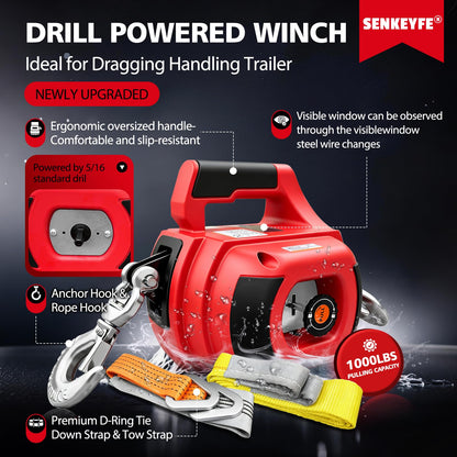 SENKEYFE Drill Powered Portable Winch 1000LBS, 40FT Portable Drill Winch w/D-Ring Strap & Tow Strap, New Anti-Twist Steel Wire Rope, Portable Handheld Drill Winch for Dragging Handling Trailer
