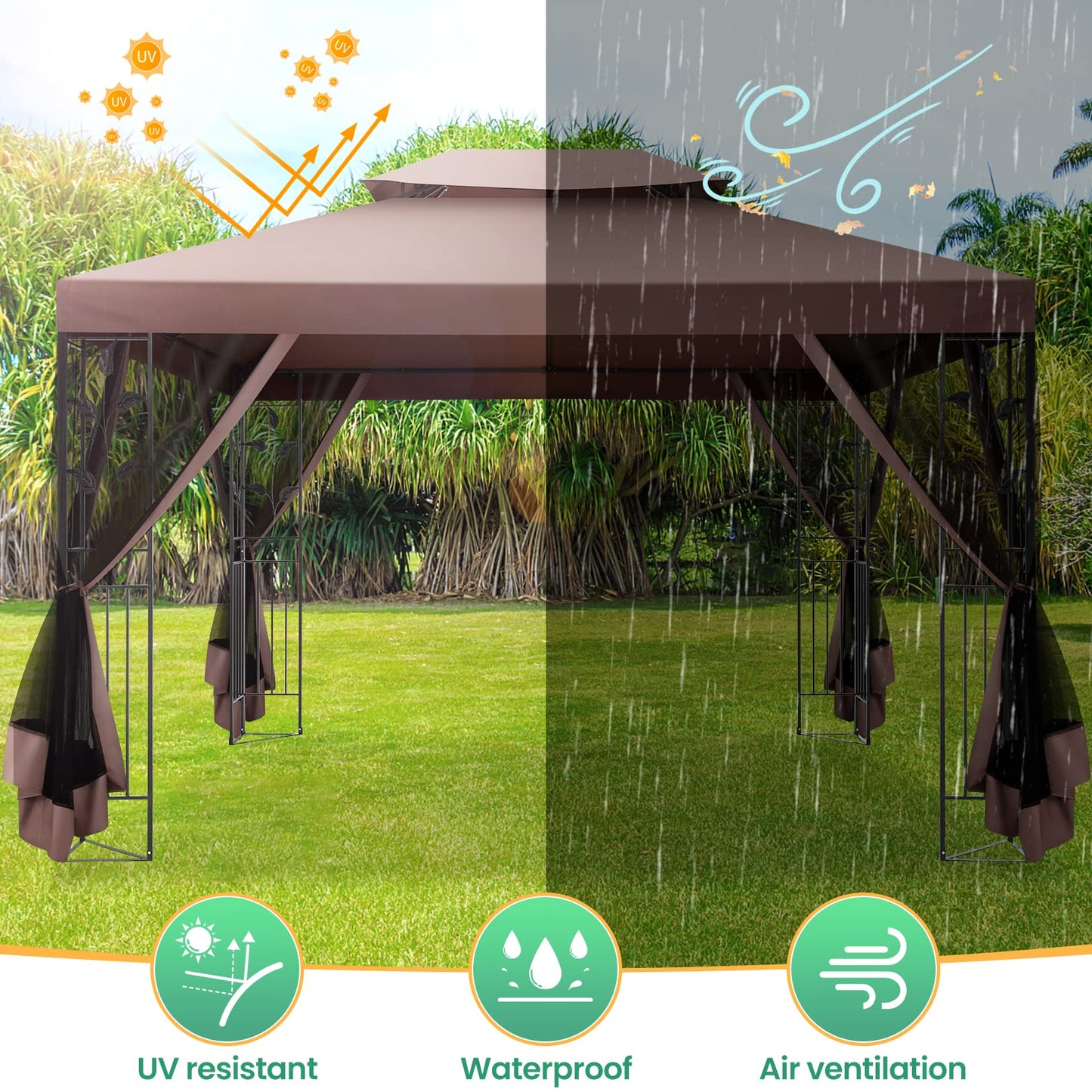 COBIZI Gazebo with Improved Cold-Proof Nettings Winter Gazebos on Clearance Heavy Duty Gazebos Double Roof with Metal Frame Gazebo Tent for Patio, Deck (Frame Thickened)
