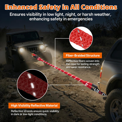 Kinetic Recovery Tow Rope - 1.26" x30FT 55000LBS Reflective Heavy Duty Snatch Strap Kit with Soft Shackles for Offroad Pulling Truck SUV UTV ATV Car Jeep - Red
