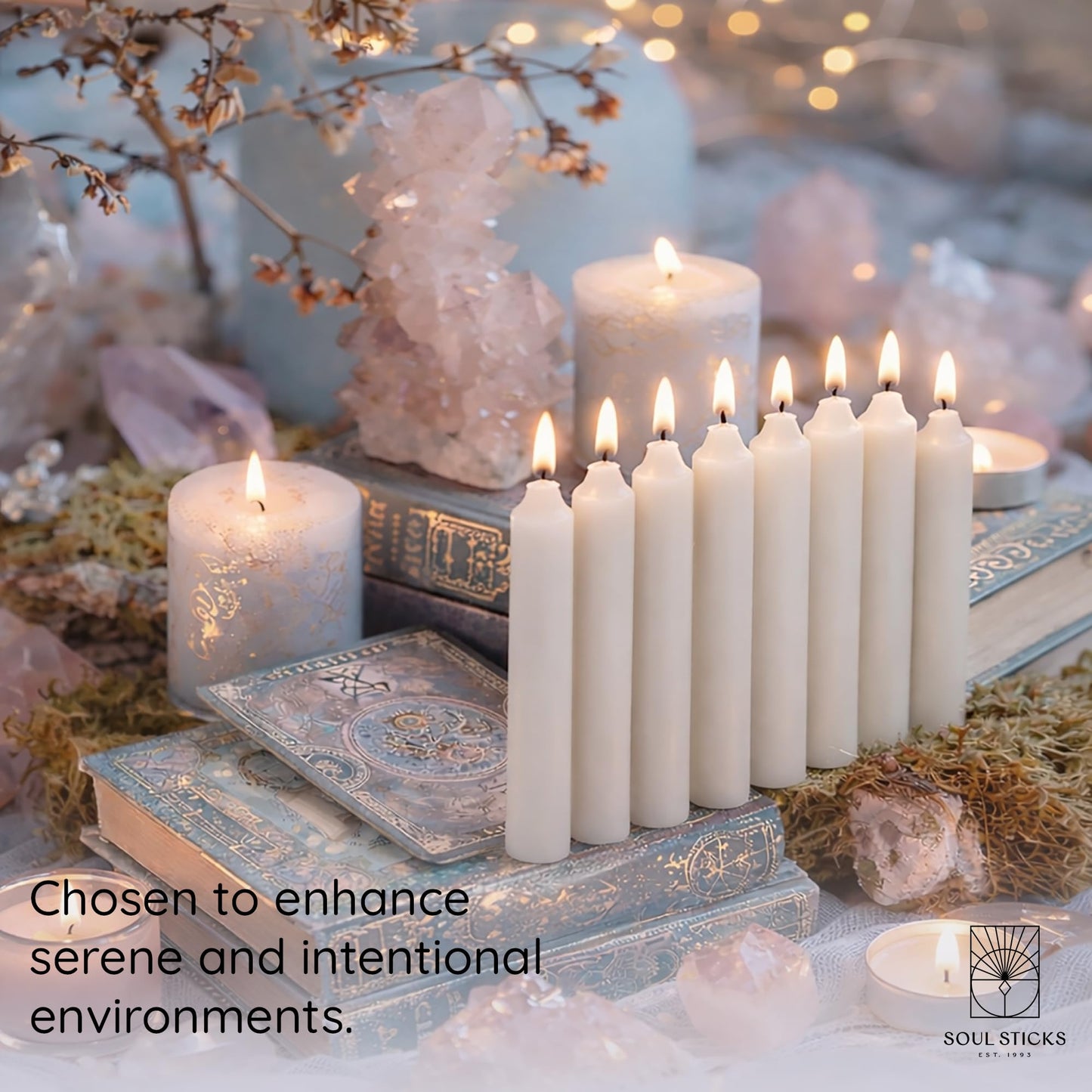 SOUL STICKS Happiness Magic Spell Chime Candles White Taper Candles 20 Pack - Taper Candle White for Altar, Rituals, Ceremonies, Meditation, Witchcraft Supplies, Wiccan, Candles Clearance