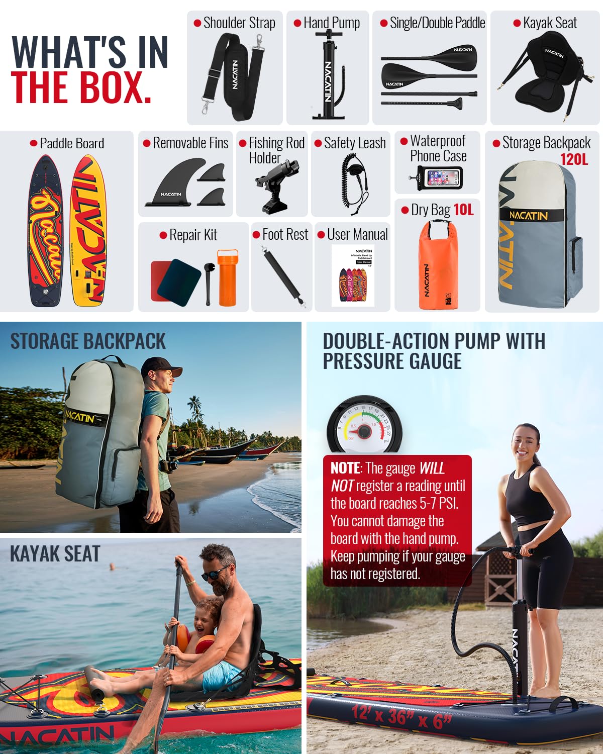NACATIN 12' Extra Large Inflatable Stand Up Paddle Board with Seat, Wide 36" SUP Board for Adults & Family, with Single/Double Paddle, Kayak Seat, Pump, Stable Wide Deck for Beginners, Lake and River