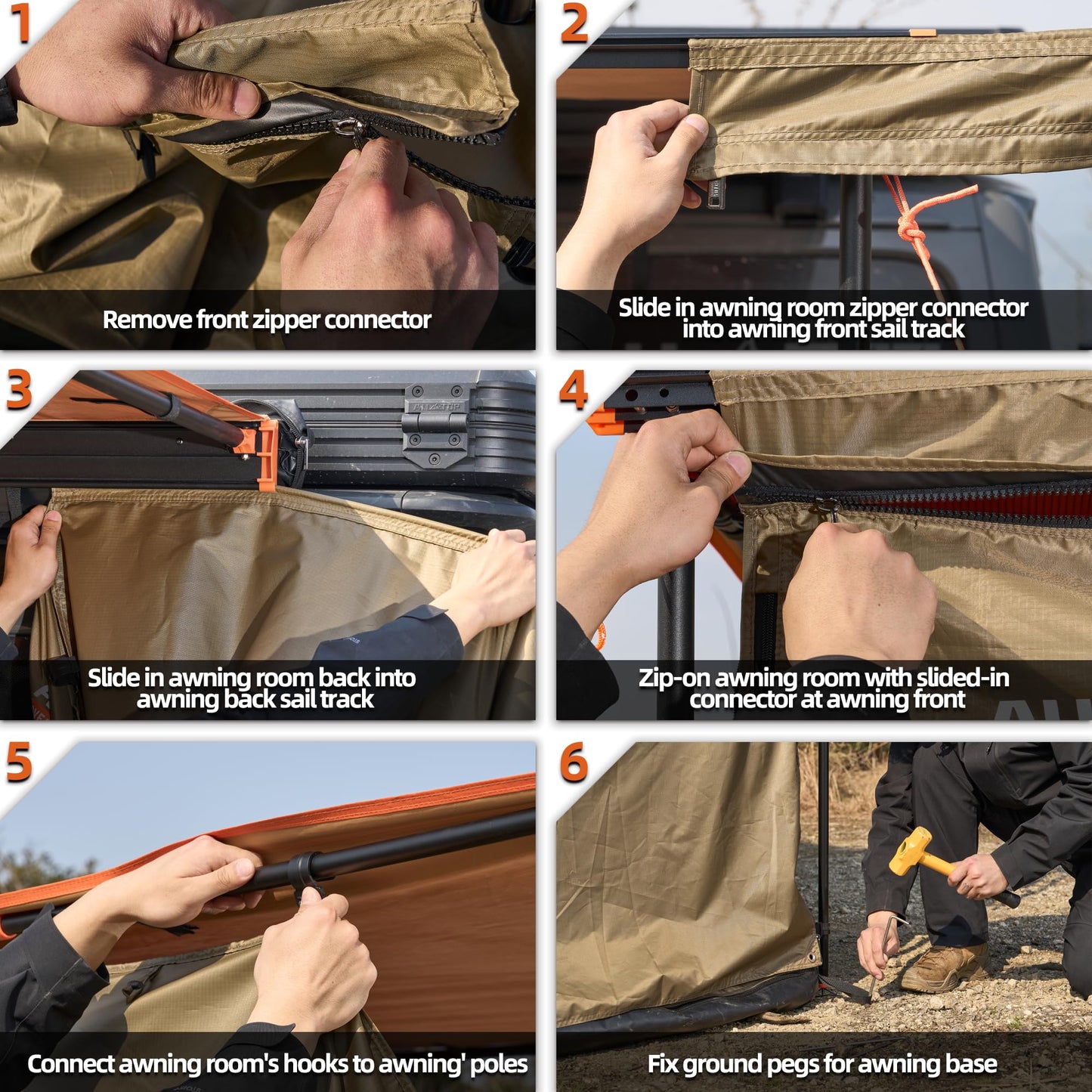 ALL-TOP Awning Room with Floor 6.6' x 8.2' Rip-Stop 210D Oxford Awning Tent with Bug-Resistance Mesh, Waterproof Sun Shelter for Overland, Camping(Black Coating, Room Only)