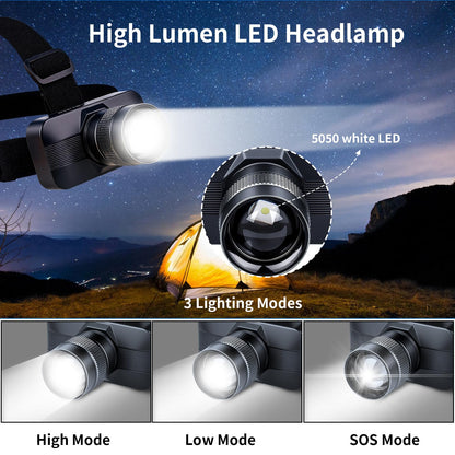 KunHe 20 Pack Rechargeable LED Headlamp with 1800mAh Battery 333 Lumens Aluminum Alloy with Zoomable150M Beam IP65 Waterproof 3 Modes for Construction Crews Warehouse Maintenance & Emergency
