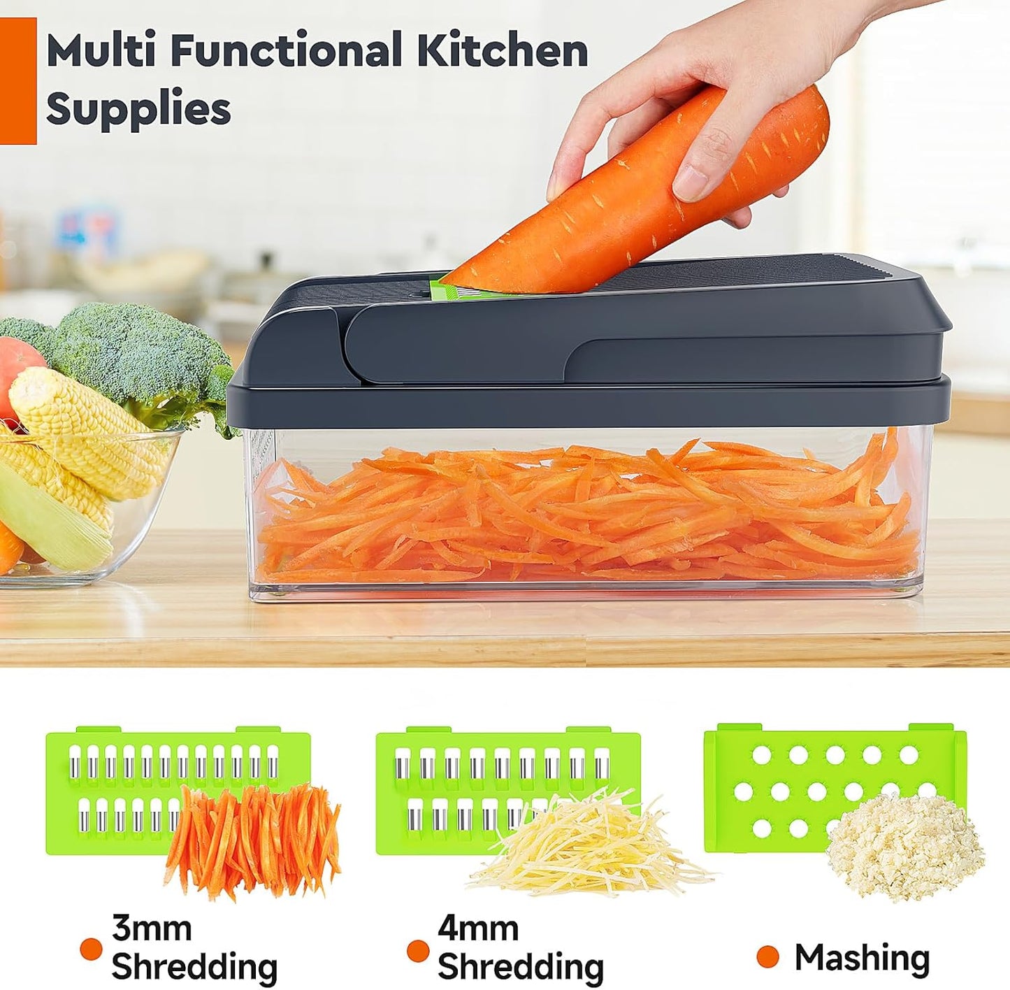 MealHelper 12-in-1 Vegetable Chopper - Versatile 7 Blade Food Chopper with Container | Green/Grey Kitchen Essential