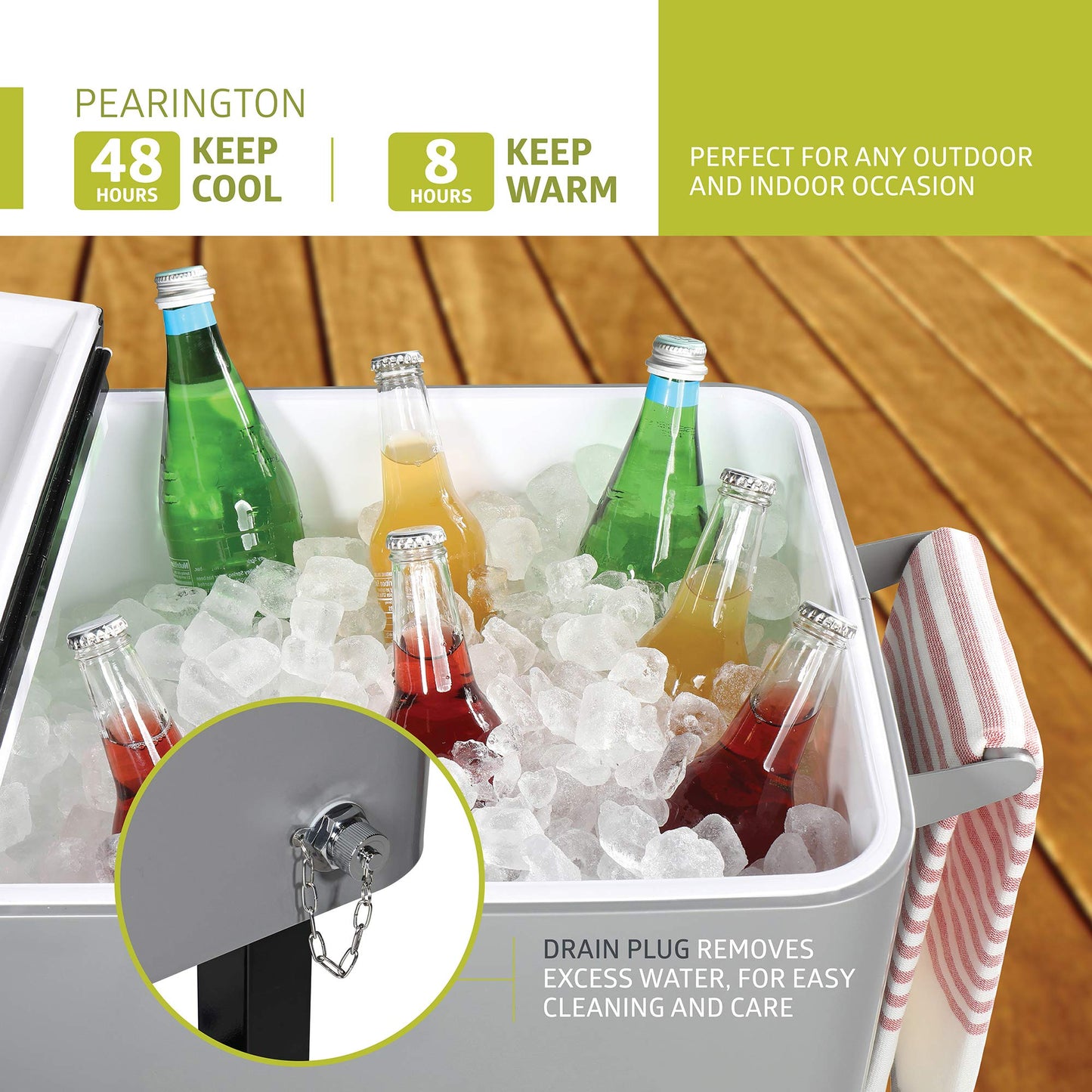 Pearington 80 Quart Rolling Ice Chest, Portable Patio Party Bar Drink Cooler Cart, with Shelf, Beverage Pool with Bottle Opener, Grey