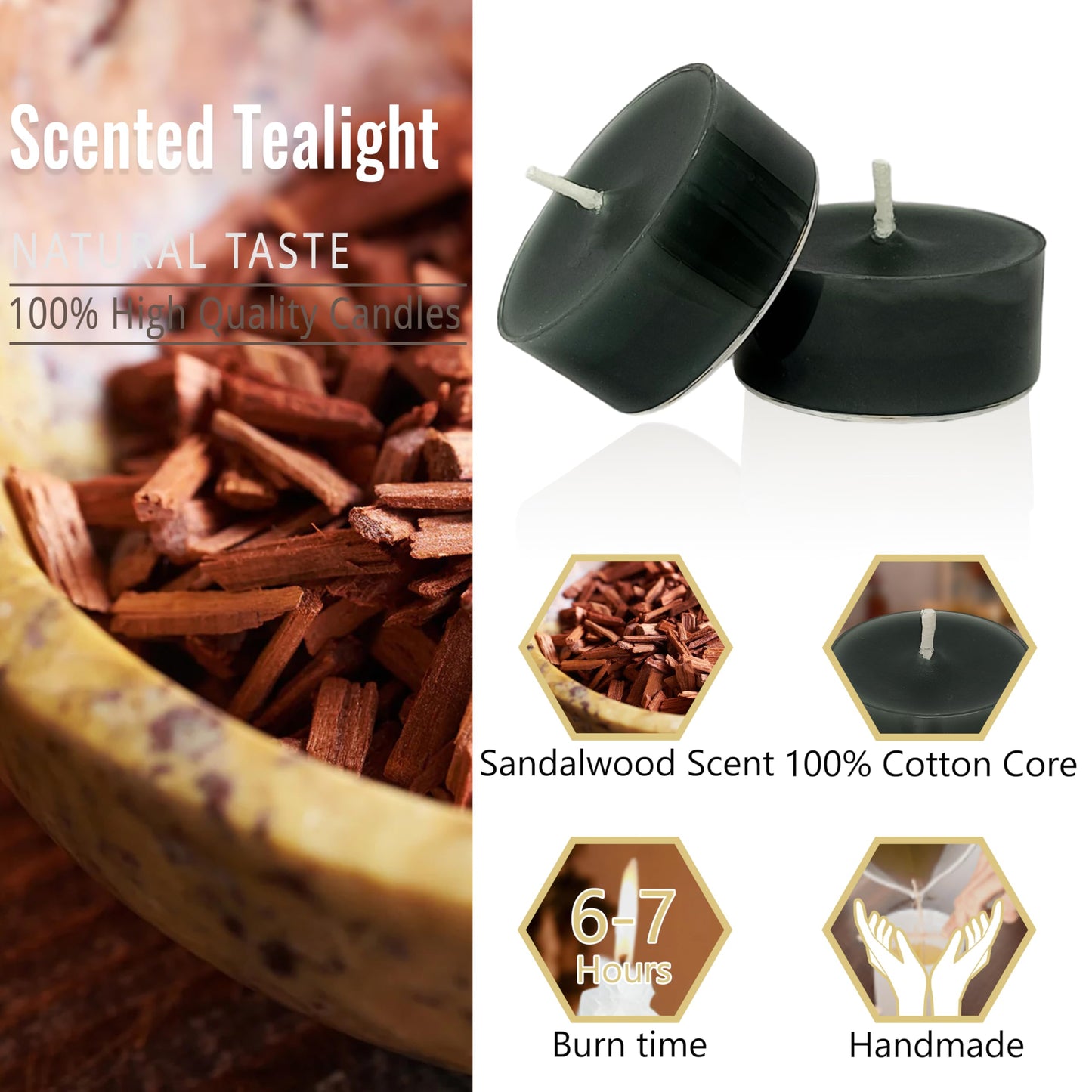Tea Lights Black Tea Candles Set of 24 – Tealight Candles with Sandalwood Scent, Long Burning Handmade Tealights for Wedding Meditation Home Decor Gift