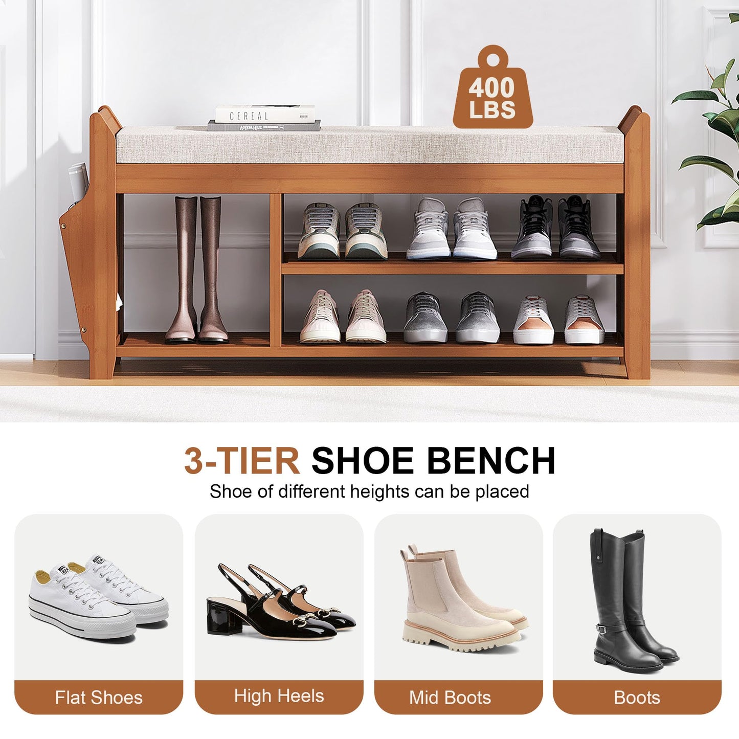 PETKABOO 39.4" Shoe Bench with Coat Rack Hidden Drawer and Side Holder, 2 Tier Entryway Bench with Storage, Bamboo Shoe Rack with Cushion for Entryway Hallway Living Room Bedroom
