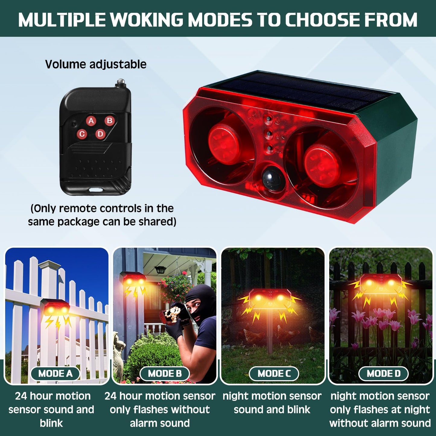 Qualirey 6 Pcs Solar Outdoor Motion Sensor Alarm with Stake Animal Deterrent Dog Barking Sensor 13 Sound 130db Loud Noise Maker 4 Mode with USB Remote Control Support Recording Volume Adjustment
