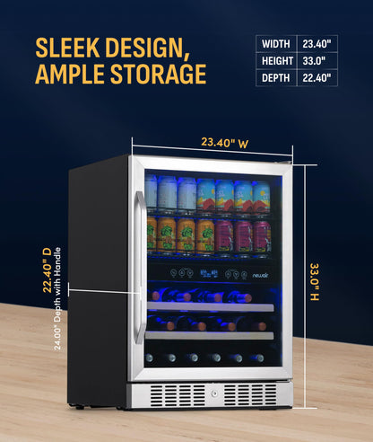 NewAir 24" Dual Zone Beverage Refrigerator & Wine Cooler for 20 Bottles & 70 Cans | Freestanding or Built-In Under Counter Mini Fridge for Beer, Wine and Soda | Stainless Steel