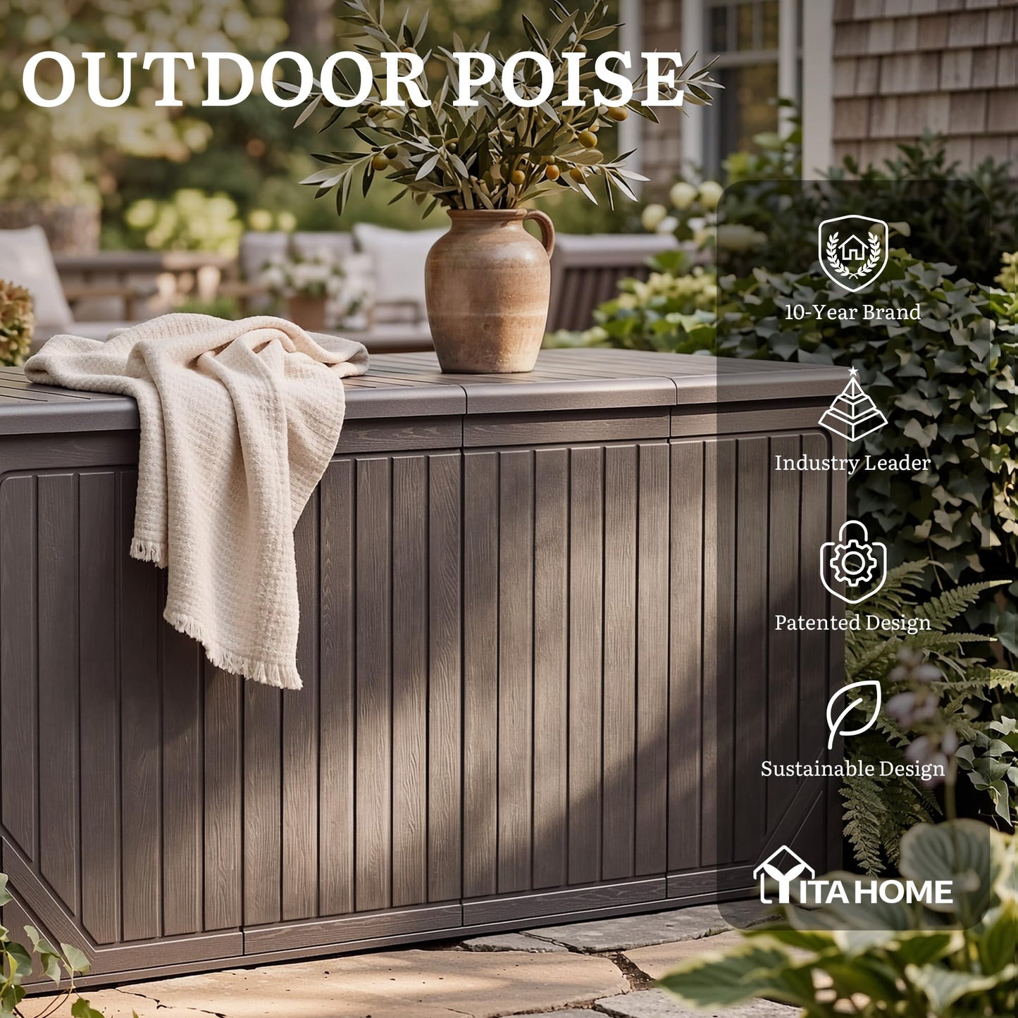 YITAHOME XXL 300 Gallon Extra Large Outdoor Deck Box, Lockable Resin Double-Wall Storage Box and Waterproof Patio Furniture Bin for Garden Tools & Pool Accessories, Brown