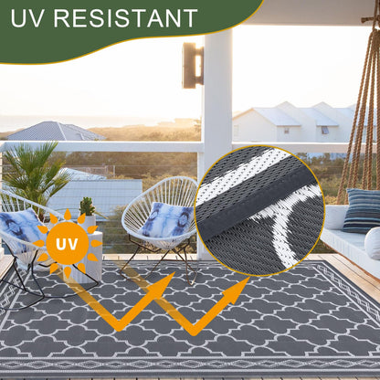 GlowSol Reversible Outdoor Rug 9x12 ft Clearance, Waterproof Outdoor Plastic Straw Rug with Carry Bag, Modern Geometric Patio Rug,RV Mat for Porch,Deck,Backyard,Camping,Balcony,Deck,Backyard,Grey