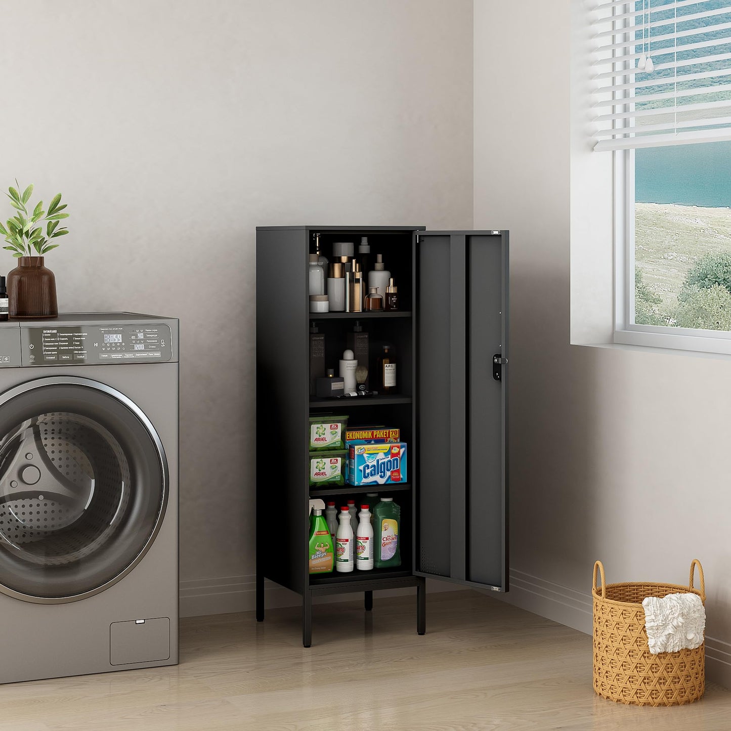 Steehoom Metal Storage Cabinet with Lock, 4 Tier Lockable Cabinet, Lockers for Employee, Changing Room,Home, Office, School, Gym, Garage (Black, 15.75" D x 15.75" W x 49.21" H)