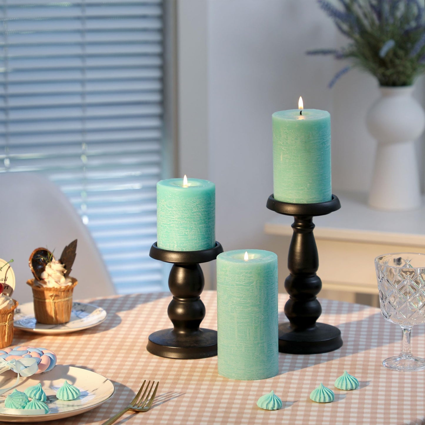 Turquoise Pillar Candles Set of 3 - Hand-Poured Unscented Candles,Smokeless Dripless Candles for Dinner Table and Home, Set of 3 in Different Sizes (3"x4", 3"x5", 3"x6")