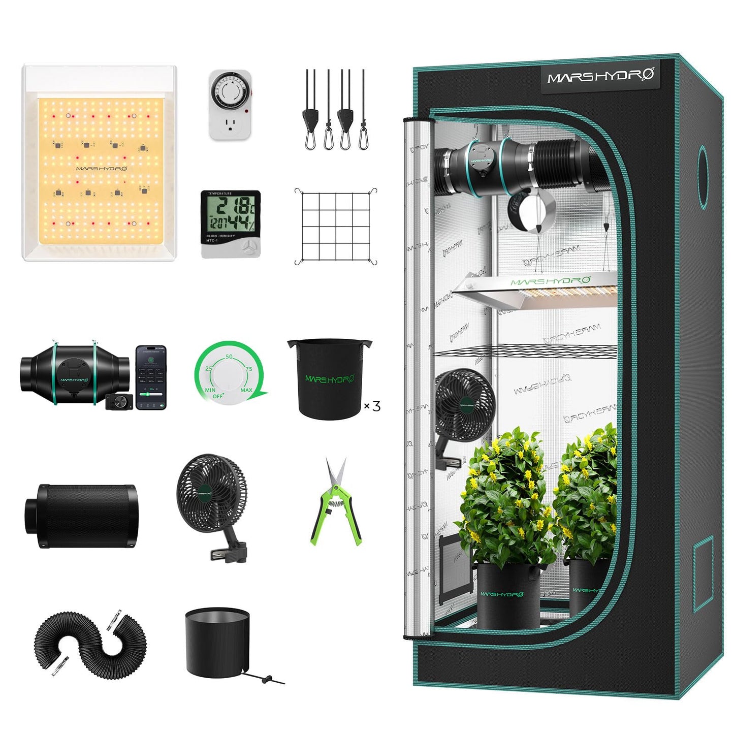 MARS HYDRO 2x2 Grow Tent Kit Complete System with 10 Speed Fan,100W Upgraded TS600 LED Dimmable Grow Light,24"x24"x55" 1680D High Reflective Mylar Grow Tent,4 inch Smart WiFi Control Ventilation Kit