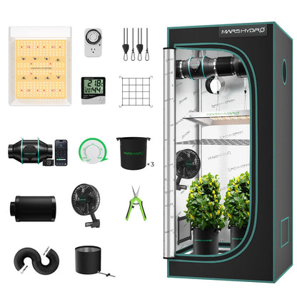 MARS HYDRO 2x2 Grow Tent Kit Complete System with 10 Speed Fan,100W Upgraded TS600 LED Dimmable Grow Light,24"x24"x55" 1680D High Reflective Mylar Grow Tent,4 inch Smart WiFi Control Ventilation Kit