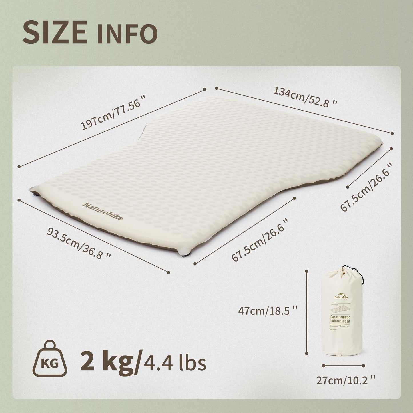 Naturehike 2.56’’ Thickened TPU Car Mattress for SUV Camping, Self Inflating Sleeping Pad Memory Foam Car Air Mattress Queen for Outdoors, Travel, Home