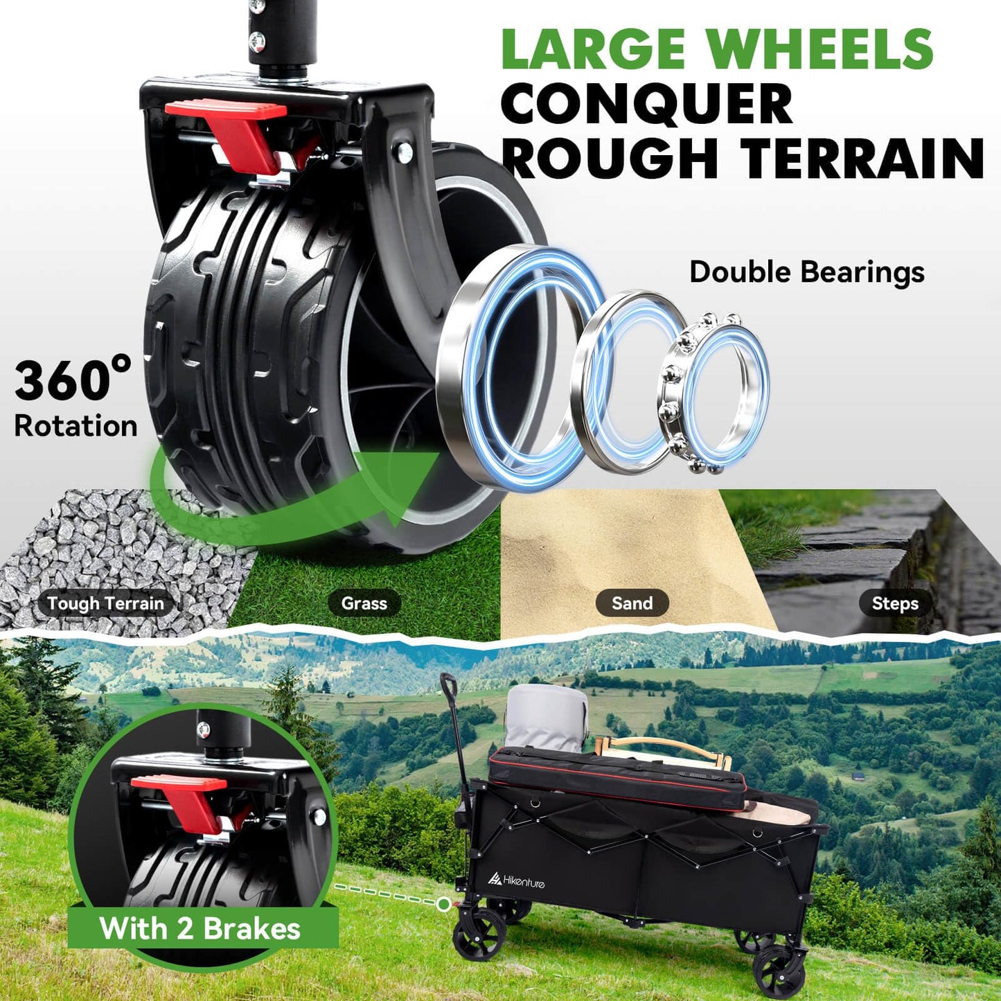 Hikenture Extended Collapsible Wagon, 500 LBS Wagons Carts Foldable, Heavy Duty Beach Wagon with Big Wheels for Sand, 300L Large Capacity Foldable Wagons, Utility Grocery Cart for Garden, Sports