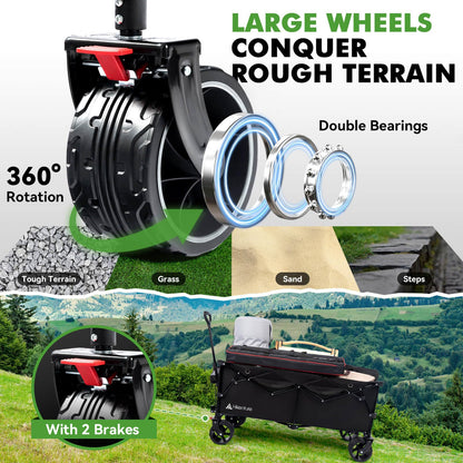 Hikenture Extended Collapsible Wagon, 500 LBS Wagons Carts Foldable, Heavy Duty Beach Wagon with Big Wheels for Sand, 300L Large Capacity Foldable Wagons, Utility Grocery Cart for Garden, Sports