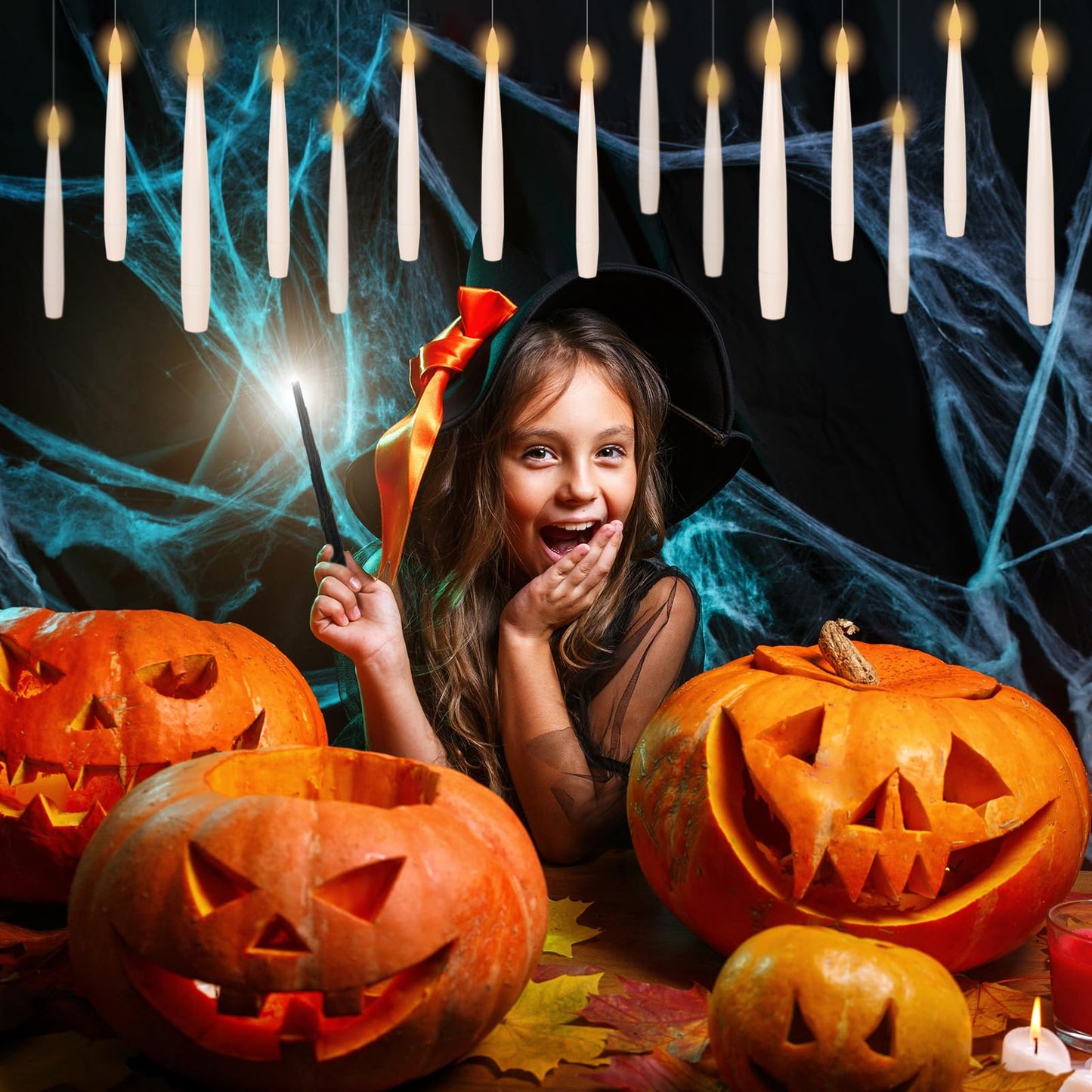 Wondise 22pcs Floating Flameless Candles with Wand Remote Timer, Hanging Battery Operated Magic Taperture Candles Flickering Window Candles for Halloween Christmas Decoration(0.45" x 6.1")