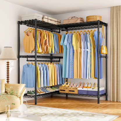 ULIFHOME E15 Pro Garment Rack L Shaped Clothes Rack for Corner，Freestanding Clothing Racks for Hanging Clothes，Heavy Duty Closet System with 4 Hanging Rods & 8 S Hooks，48.8"W x 15.8"D x 78.4"H，Black