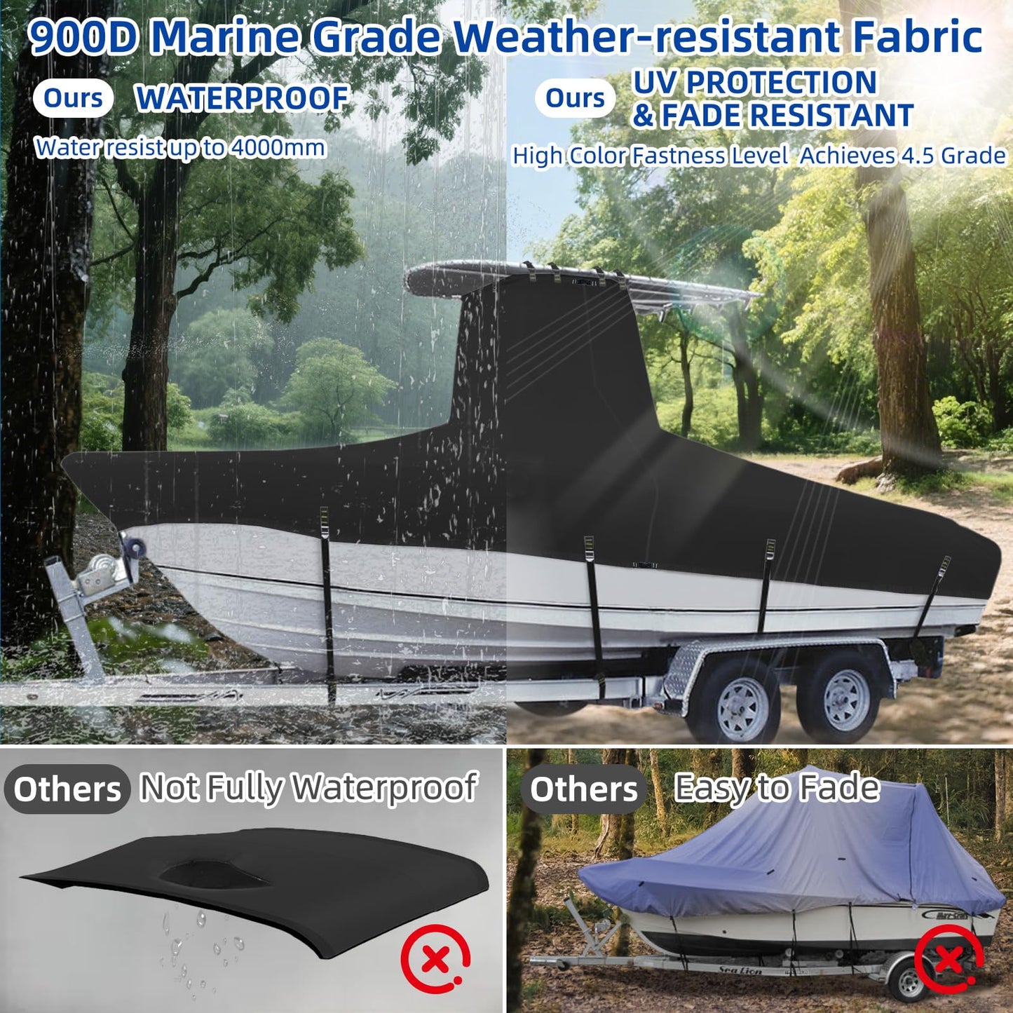 Marine Grade Waterproof Center Console Boat Cover with T Top Roof, Tear Resistant Trailerable Storage Covers, All-Weather Protection T-Top Boat Cover 26-28 ft, Beam Width Up to 116", Black