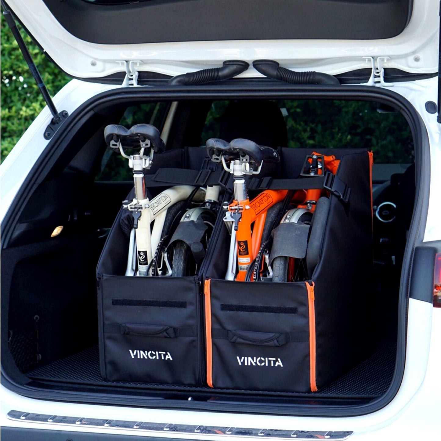 Vincita Keeper Box 2.0 for Folding Bike – Vertical Car Trunk Storage Organizer – Anti-Slip Transport Case with Security Buckle & Side Pockets – Protects Car Interior