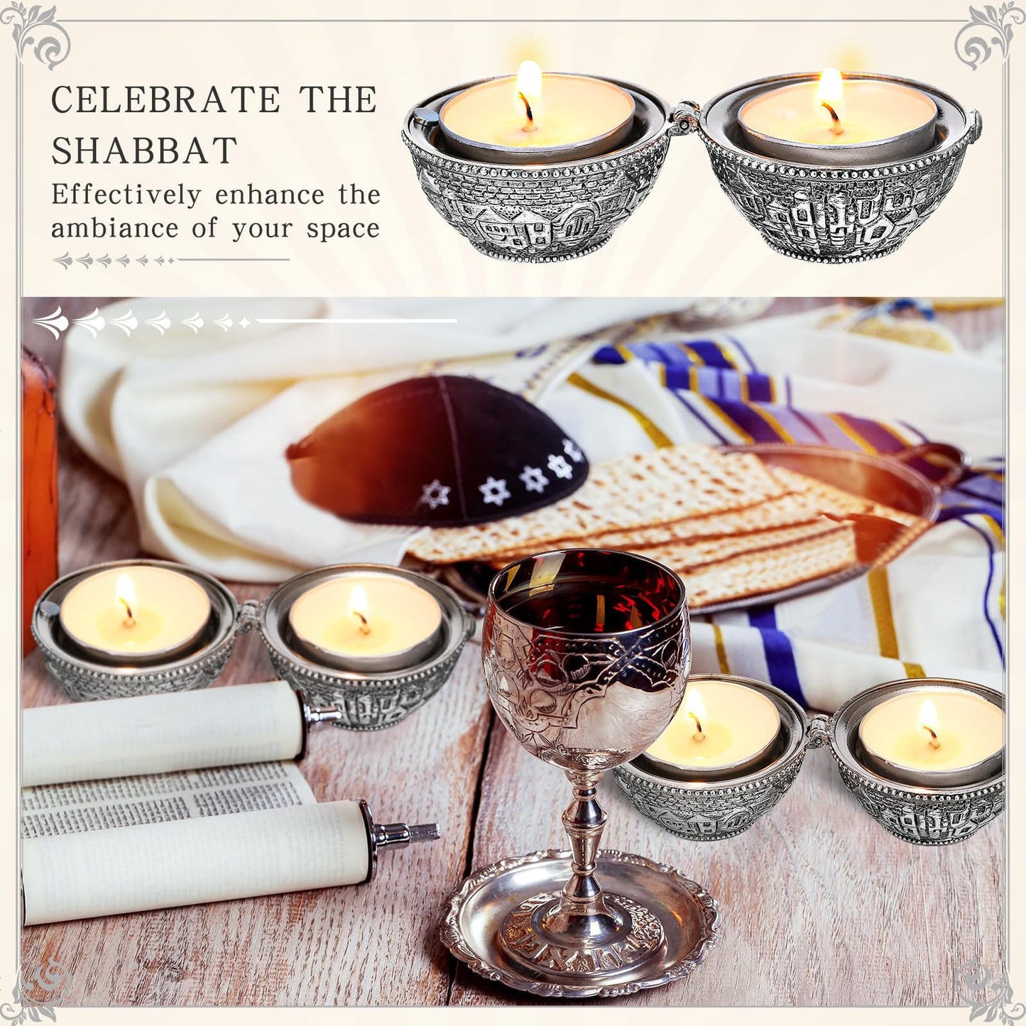 Skybooly Jewish Shabbat Metal Travel Candle Holders Silver Travel Size Jerusalem Candlesticks with 10 Pcs Mini Tealight Candles Small White Votive Tea Lights Candles Unscented Set for Home Shabbat