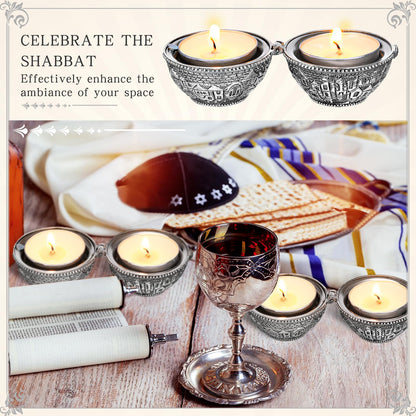 Skybooly Jewish Shabbat Metal Travel Candle Holders Silver Travel Size Jerusalem Candlesticks with 10 Pcs Mini Tealight Candles Small White Votive Tea Lights Candles Unscented Set for Home Shabbat
